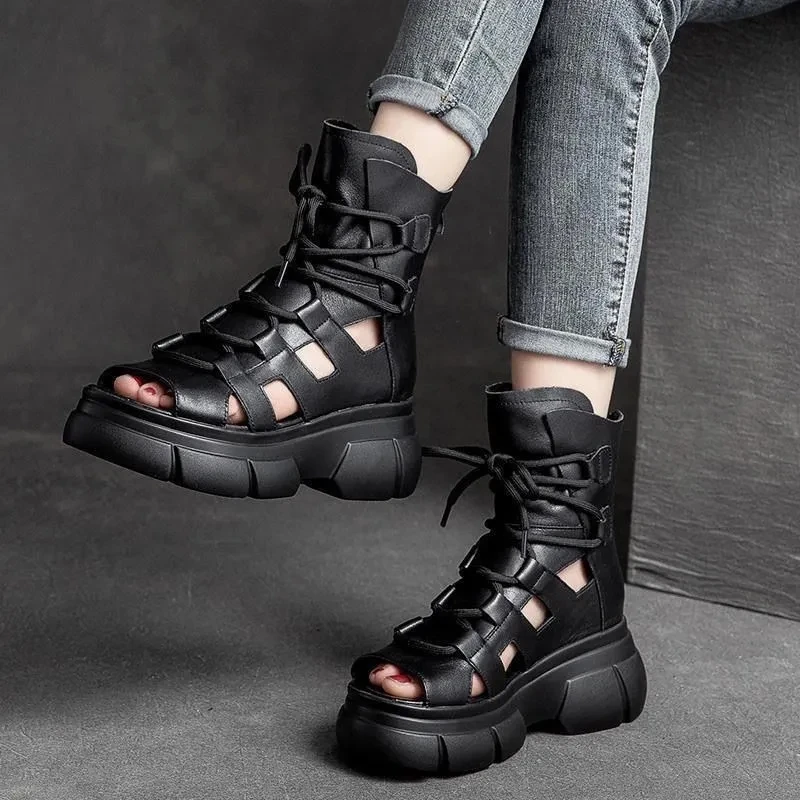 Platform Sandals Women Wedge High Heels Shoes Women Buckle Leather Canvas Summer Zapatos Mujer Wedges Woman Sandal