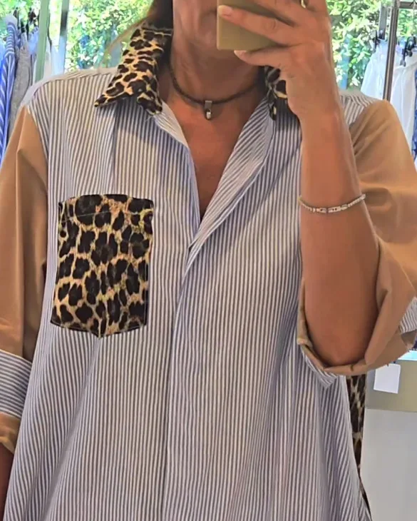 Women Shirt Dresses Casual Dress Striped Leopard Print Patchwork Pocket Long Sleeve High Waist Loose Single Breasted 2025 Autumn