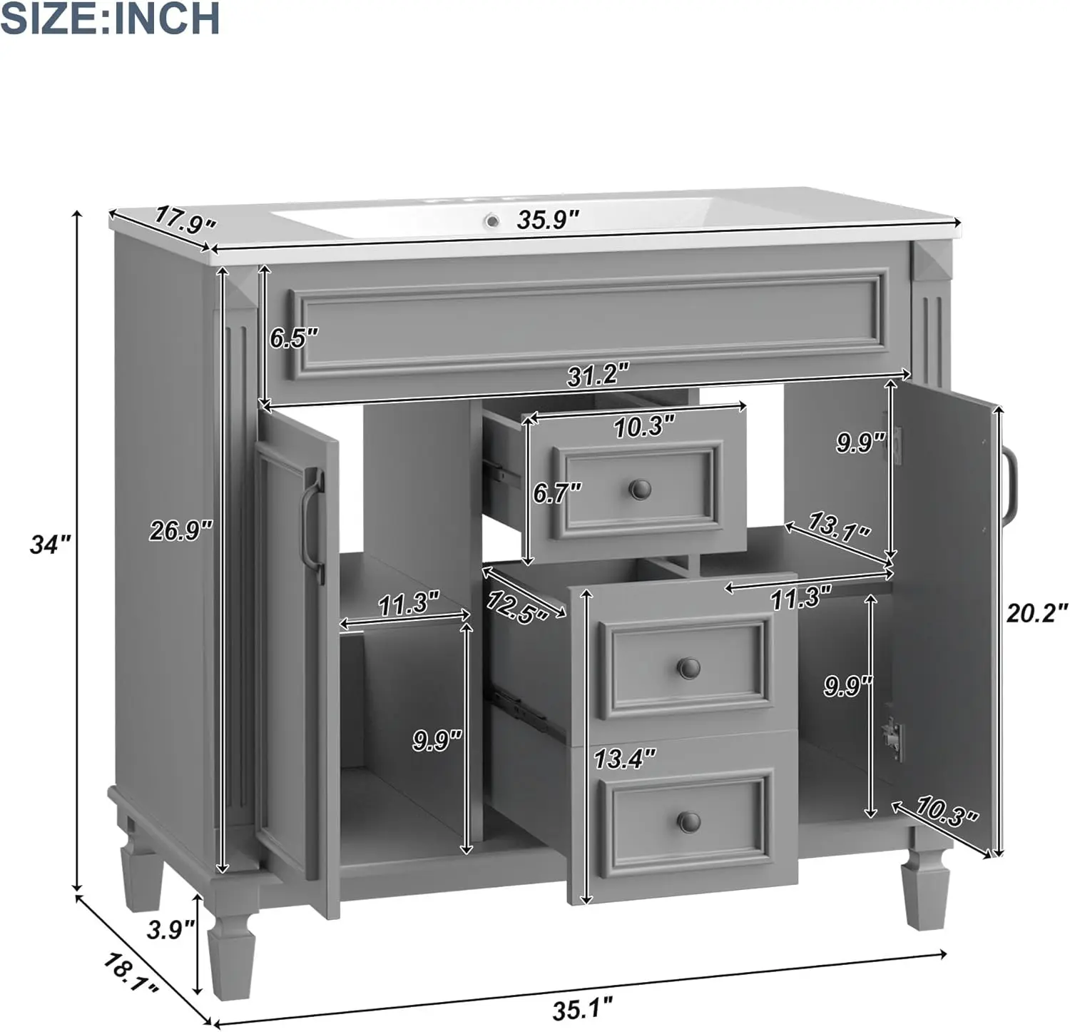 Tocador de baño de 36 pulgadas con espejo gris real, armario de almacenamiento de baño moderno con lavabo superior, 2 puertas de cierre suave y 2 Dra