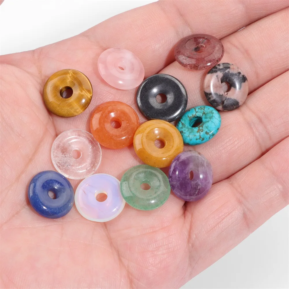 Natural Stone Donut Beads Charm Flat Round Large Hole Crystal Quartz Beads Beads For DIY Jewelry Making Peace Buckle Charm