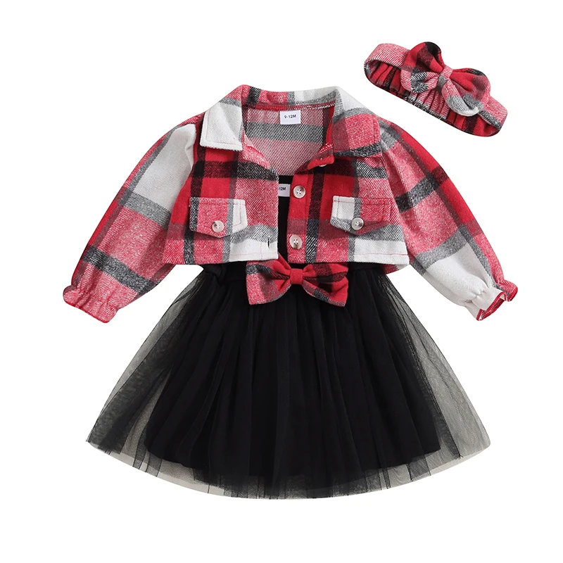 KMBANGI Toddler Baby Girls 3Pcs Fall Outfits Sleeveless Tulle Dress Plaid Crop Jacket Shirt Coat Headband Set Infant Clothes