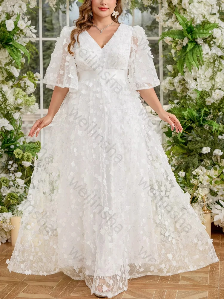 Maßgeschneiderte Sexy V-Ausschnitt Rüschenärmel 3D-Blumen Hochzeitskleider Elegante Bestickte Brautkleider Hochwertige Abendkleider für Partys