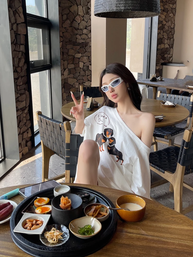 

Женский летний топ ChiclyNana из смесового хлопка с принтом таксы, белый, повседневный