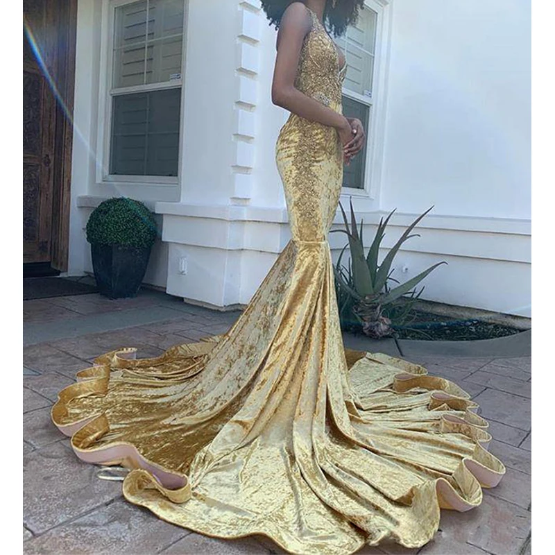 2022 Sexy Mermaid Prom Dresses Spaghetti Dây Đeo Sâu V-Neck Với Appliques Formal Đảng Dresses Gown Dresses Robe De Dạ Hội