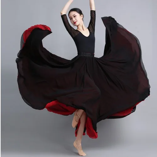 Flamenco szyfonowa spódnica do tańca dla kobiet 720 stopni Solid Color długie spódnice tancerz praktyka nosić spódnica w stylu chińskim z duże obszycie
