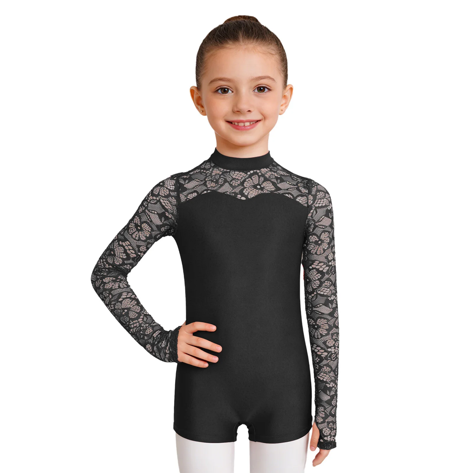Kids Girls Lace Sleeve Gymnastics Leotard Ballet Jersey Performance Outfit Long Sleeve Keyhole Back Bodysuit Performance Costume