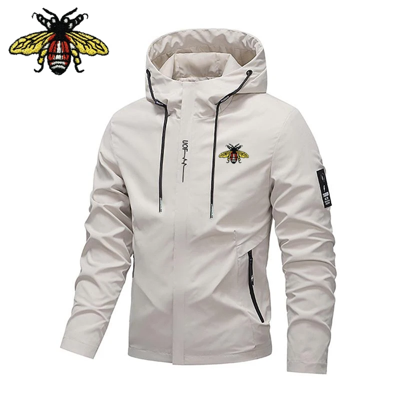 EUR Men's Embroidered Bee High Quality New Product Thin Jacket Spring and Autumn Windproof Hooded Coat Personalized Casual