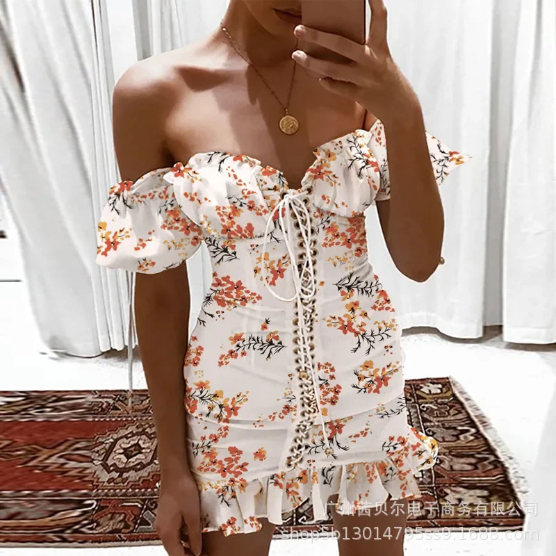 

Fashion Women Dress New Printed Pleated One Shoulder Dress for Women