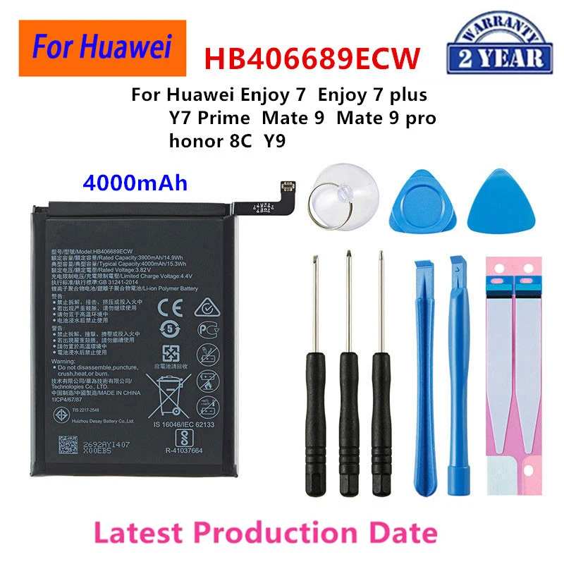 100% Orginal HB406689ECW 4000mAh Battery For Huawei Enjoy 7 Enjoy 7plus Y7 Prime Mate 9 /pro TRT-L53 TRT-L21A +Tools