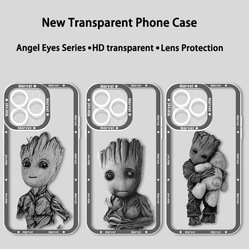 Cute Marvel Superhero Groot Apple Case For iPhone 14 13 12 11 Mini XS XR X Pro MAX 8 7 6 Plus SE Angel Eyes Transparent Cover