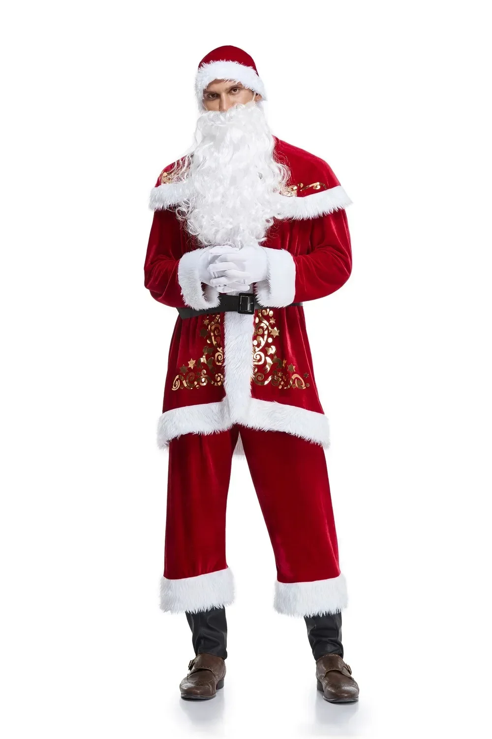 Kerst Kerstman Pak Volwassen Kerst Cosplay Kostuum Rood Deluxe Fluwelen Fancy 7-delige Set Kerstfeest Man Kostuum S-XXL