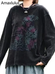 Amax luluE Vintage Embroidery Females Spring Hooded Tops Elegant Leisure Women Classic Loose Tshirts Punk Fashion Cotton Clothes