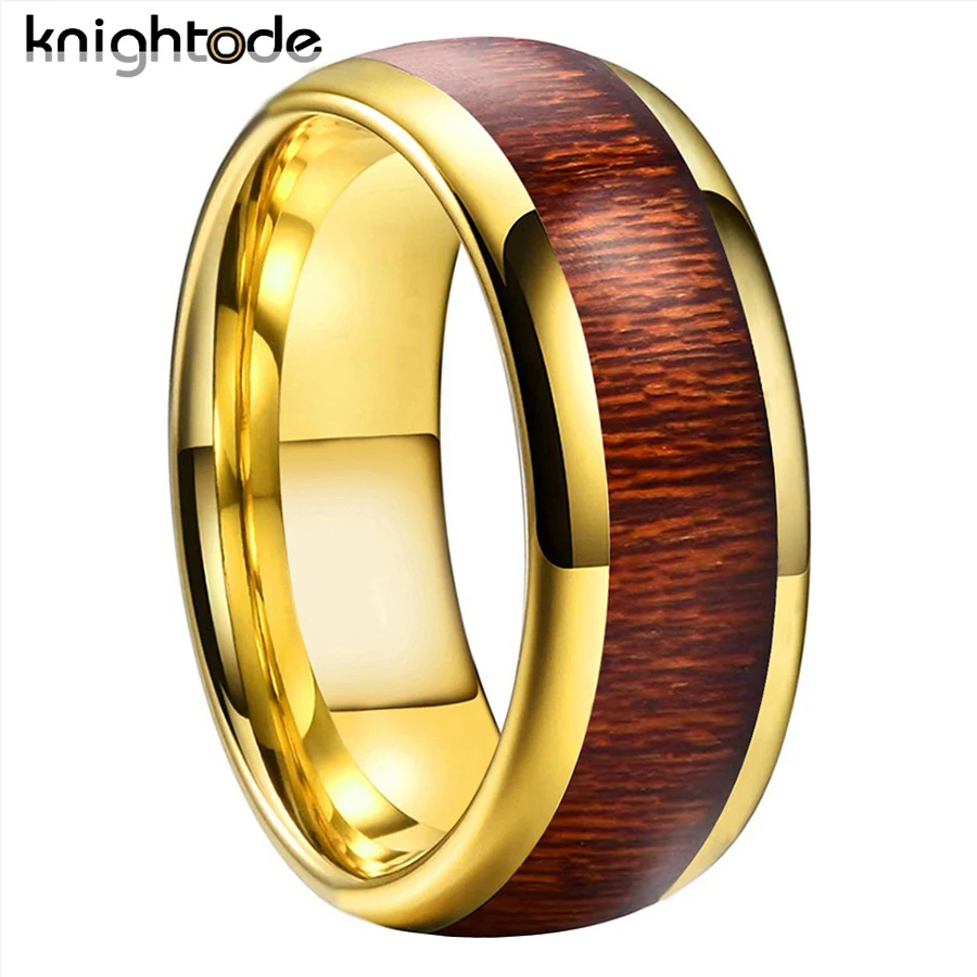 

8mm Yellow Tungsten Carbide Rings Inlay Real Wood Engagement Wedding Band Dome Polished Comfort Fit