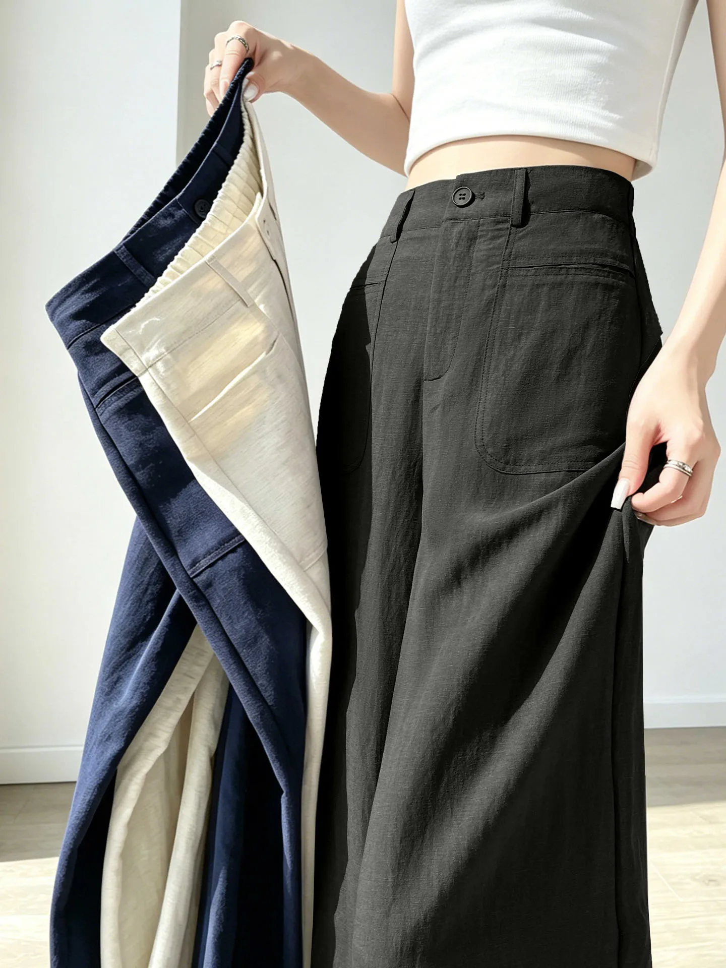 

Women's Summer New Wide Leg Pants Suit Linen Narrow Version Straight Tube Long Trousers Thin Pants Comfortable Natural Waist
