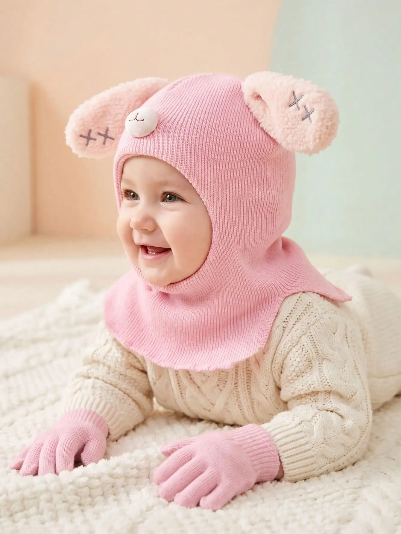 2Pcs 1-4Y Baby Kids Cute Unisex Rabbit Ear Balaclava And Gloves 2Pcs Set Cartoon Solid Thin Soft Knit Accessory Kit