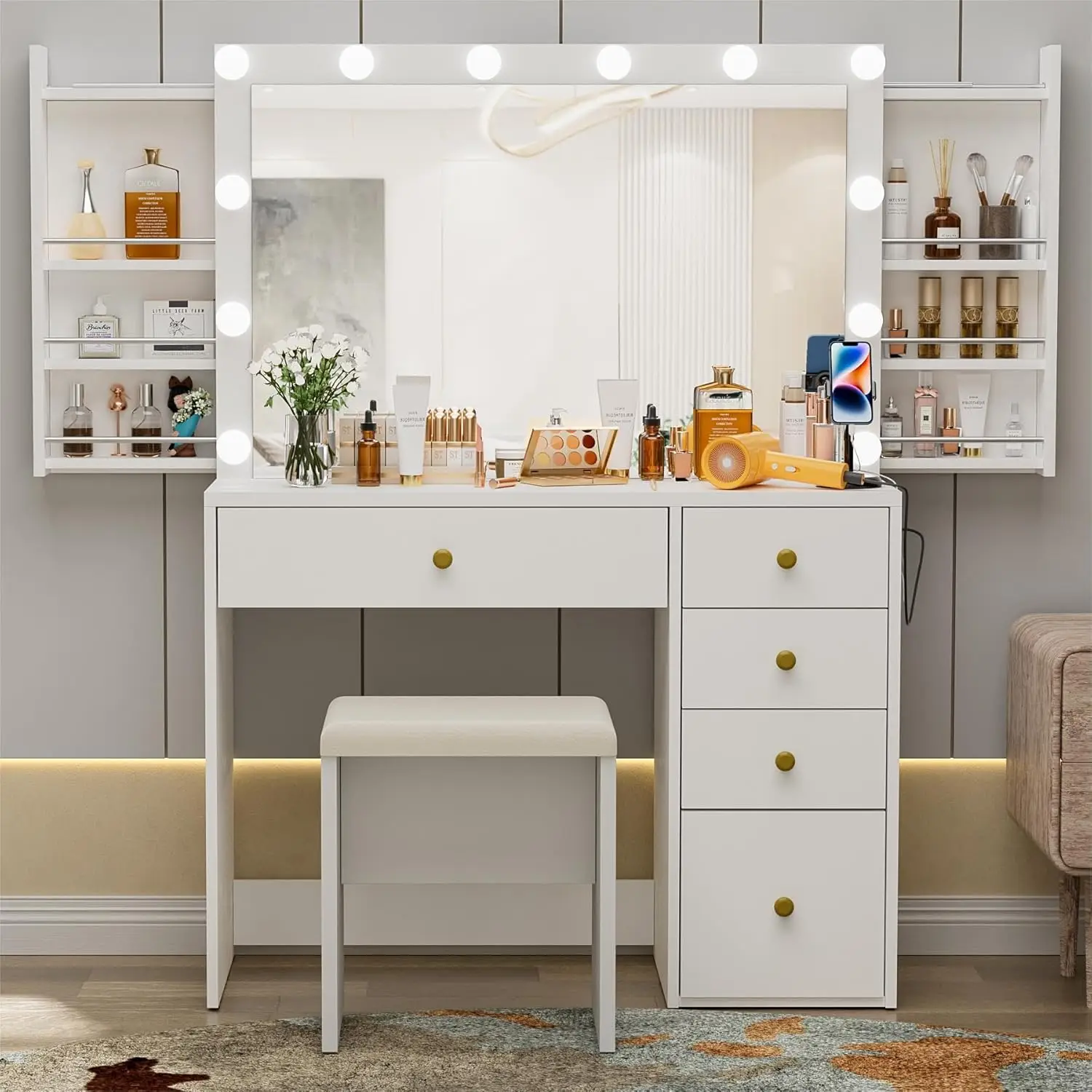 

Makeup Vanity Desk with Lighted Mirror and Charging Station, 39.4" with 3 Lighting Colors, Hidden Sliding Shelves, 5 Drawers