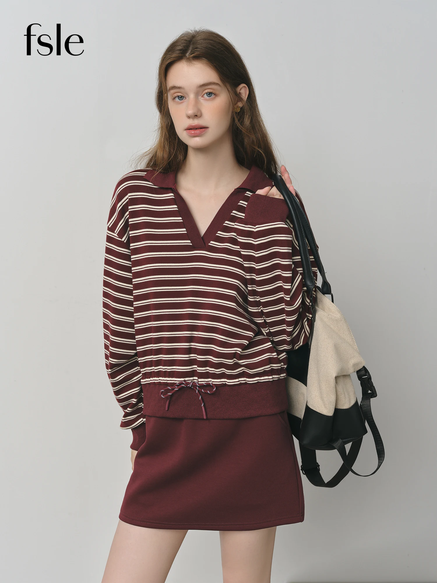

​FSLE Autumn 2025 Polo Neck Set - Slim Fit Drawstring Hoodie & Skirt Matching Outfit Women Casual Two Piece​