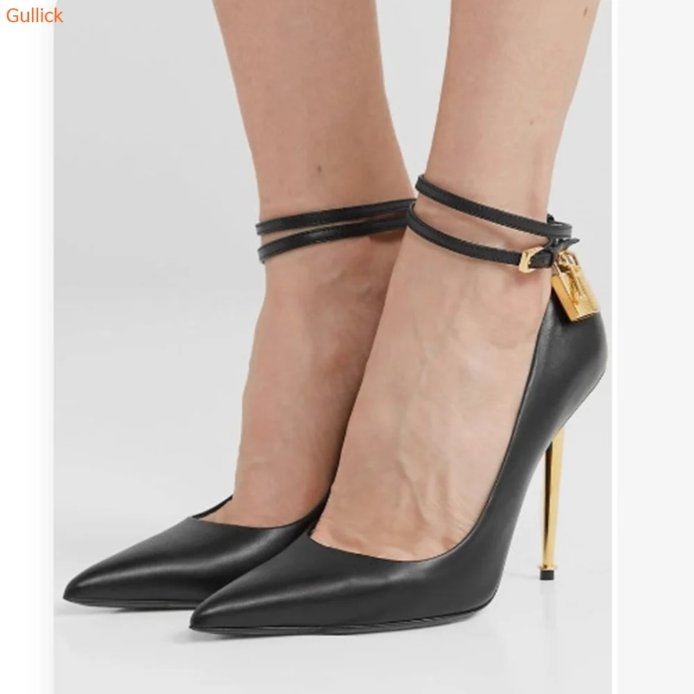 Metal Heel Solid Color Pointed Toe Pumps Shallow Gold Lock Stiletto Heel Ankle Strap One Word Belt Women Fashion Heel Shoes