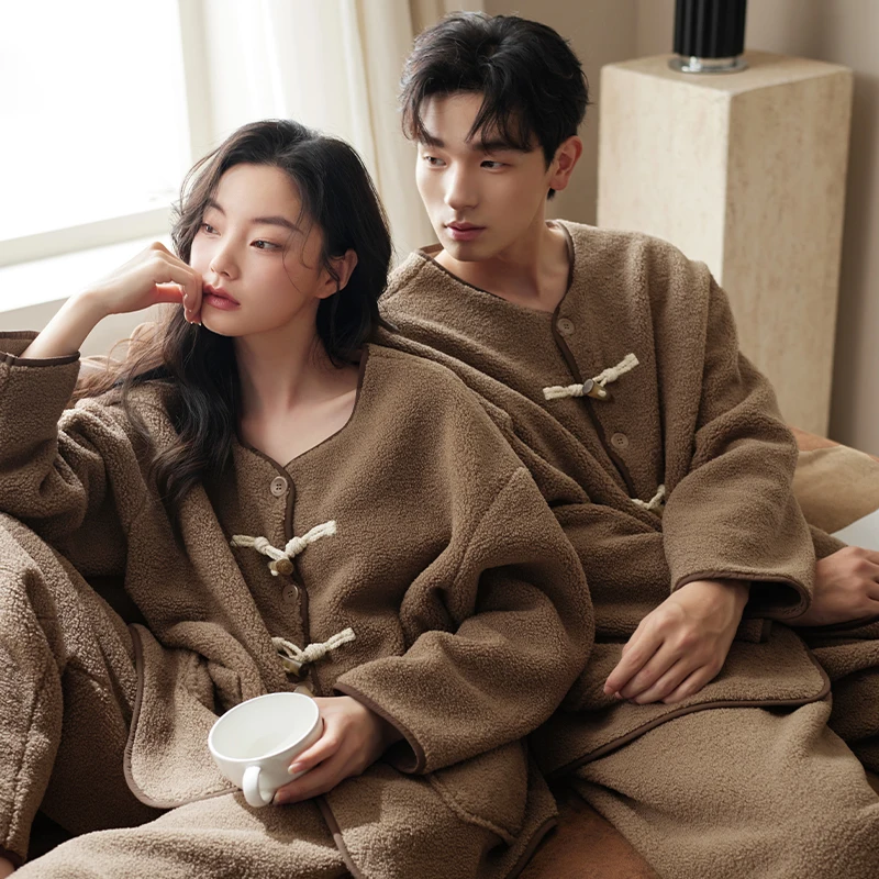 Lovers Pajamas Set Winter Keep Warm Flannel Women Pyjamas Big Yards M-3XL Long Sleeve Coral Velvet Sleepwear Men Lounge Pijamas