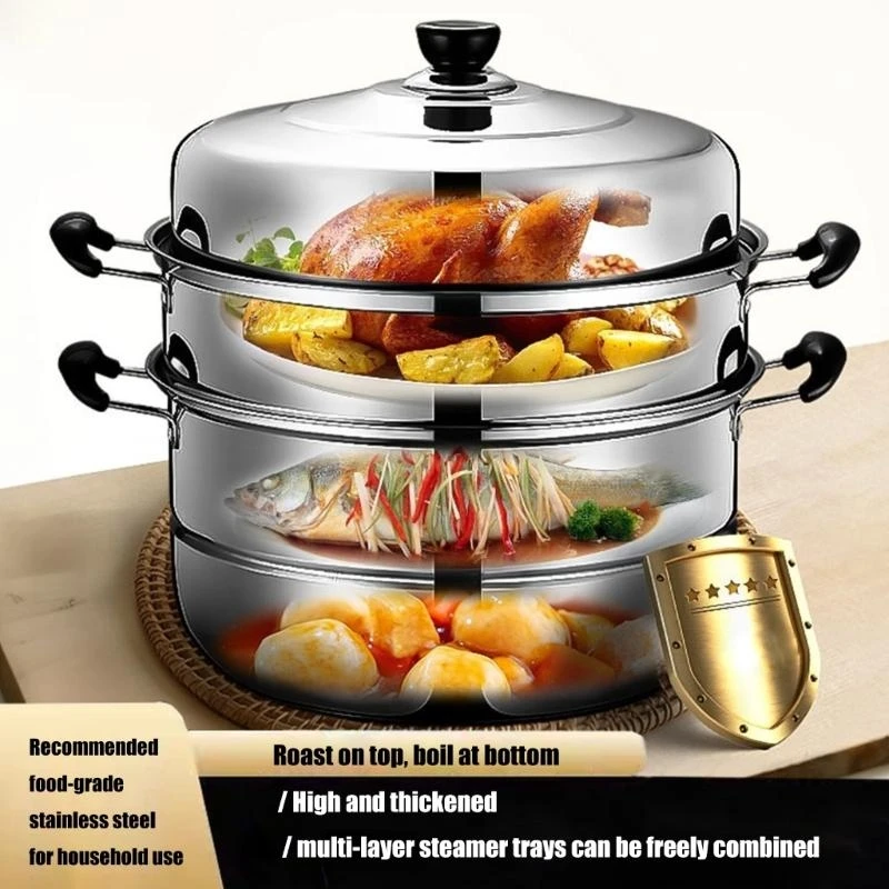 

Stainless Steel Steamer Pot with Heat Resistant Handle Multi Layer Cookware with Steam Rack Kitchen Cooking Accessories