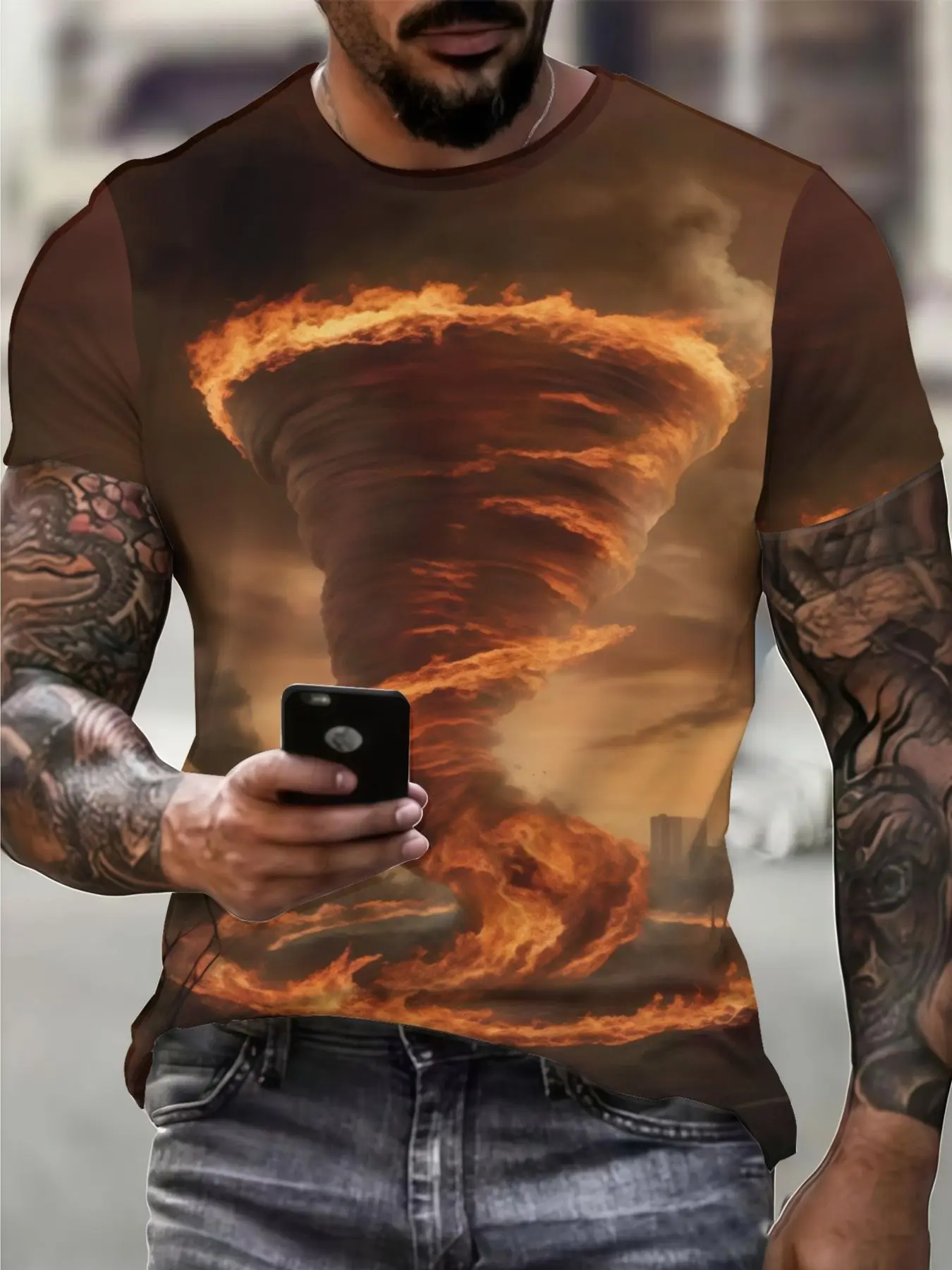 Men's Round Neck Short Sleeve T Shirt 3D Print Fire Tornado Nature Storm Pattern Casual Streetwear Daily Tops