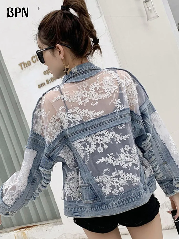 BPN Embroidery Denim Jackets For Women Lapel Long Sleeve Single Breasted Spliced Sheer Mesh Loose Hit Color Jacket Female Style