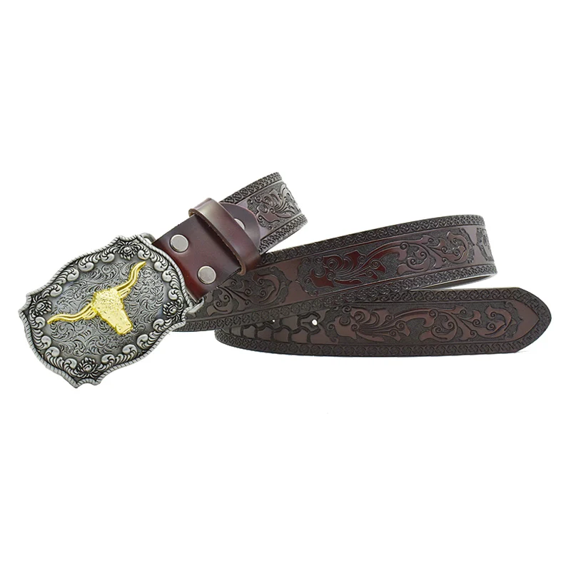 Fashion Jeans Causal Pant Retro Men Leather Belt Smooth Eagle Cow Head Buckle Emboss Flower Pattern Strap Decorate