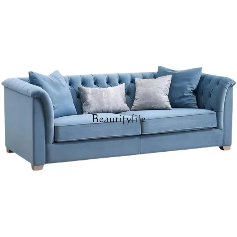 

ls 35 American solid wood fabric sofa living room small apartment light luxury fashion buckle three people
