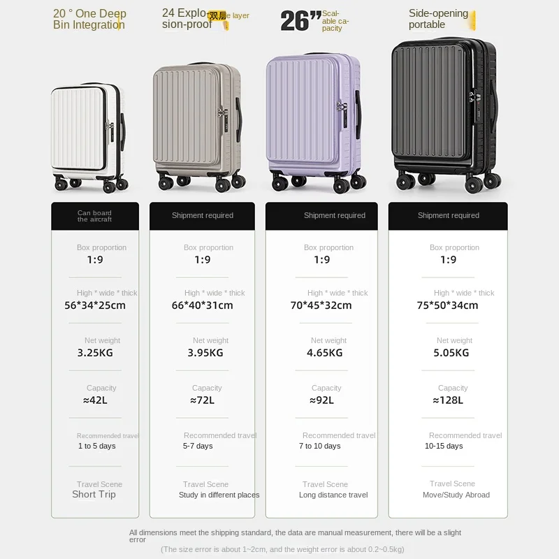 حقيبة أمتعة بفتحة جانبية للجنسين قابلة للتوسيع متعددة الوظائف عربة سفر قفل مجمع حقيبة 20-28 بوصة حامل المقصورة