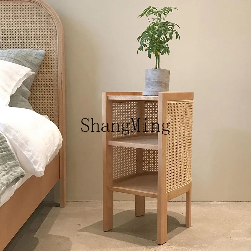 

LXY full rattan edge few solid wood household chair storage bedside table