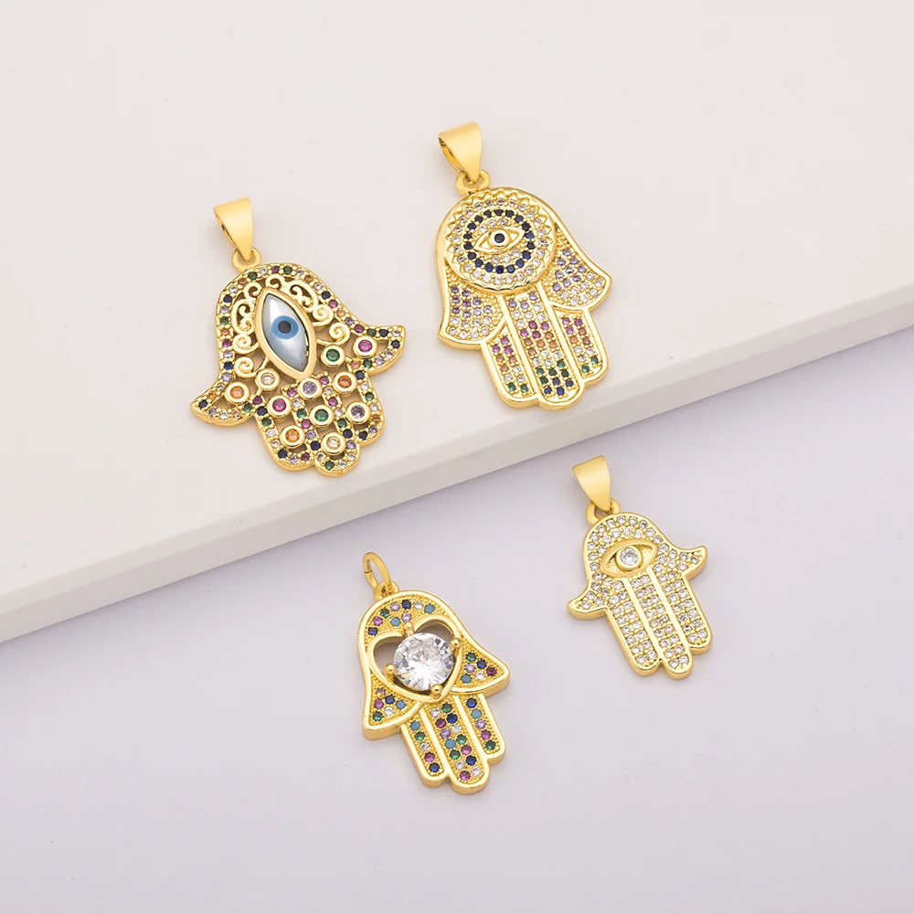 Hot Sale Women Men Hamsa Hand DIY Necklace Gold Color Copper Zircon Evil Eye Pendant Hip Hop Turkish Luck Jewelry Making