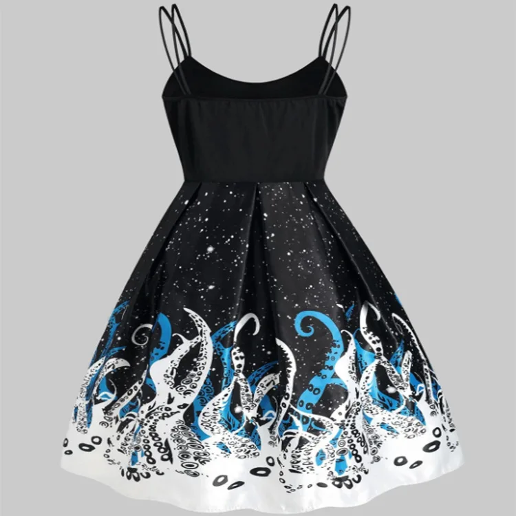 2026 New Cross-border, Retro Blue Classical Pattern, Contrasting Color Positioning Flower Suspender Dress Skirt Cw68876
