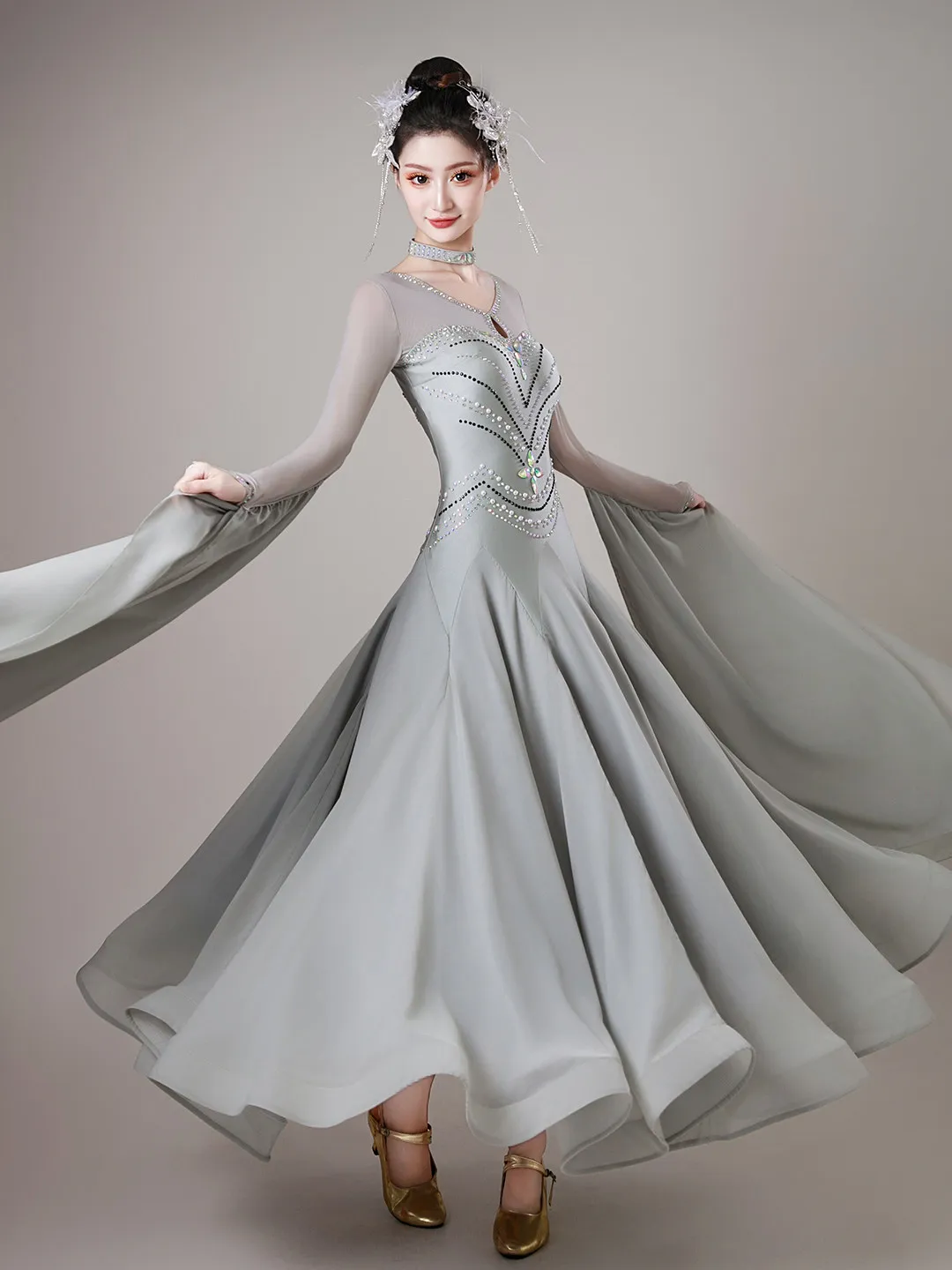 2026 Ballroom Dance Dress Competition Waltz Performance Costumes Clothes Long Sleeves And V-neck Modern Dance Evening Outfit