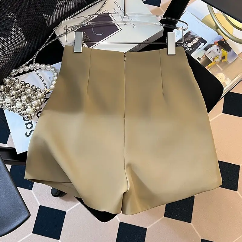 한국어 단순 여름 새 정장 바지 여성 솔리드 하이 웨이스트 지퍼 플리츠 패션 다목적 루즈 스트레이트 와이드 레그 반바지