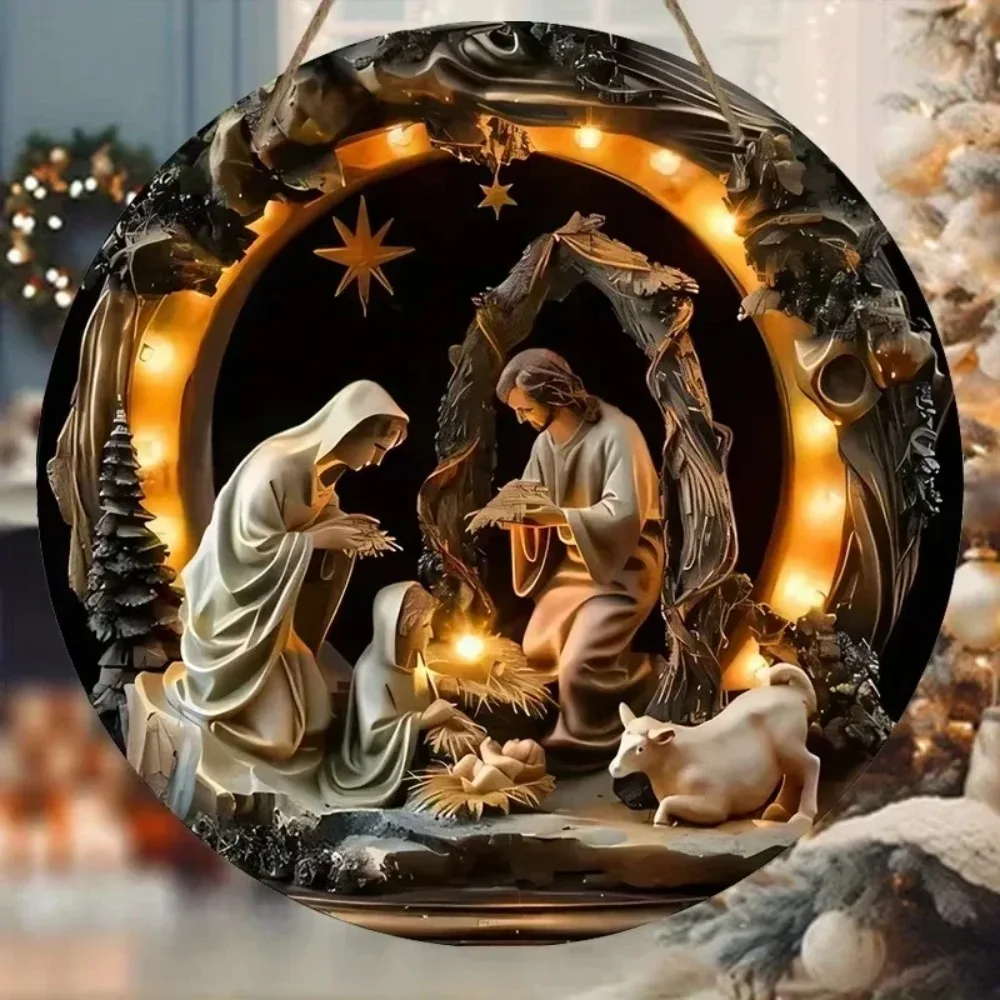 Vintage Nativity Scene Metal Wall Art, Round Christmas Holy Family Decorative Tin Sign, Retro Religious Christmas Themed Metal P