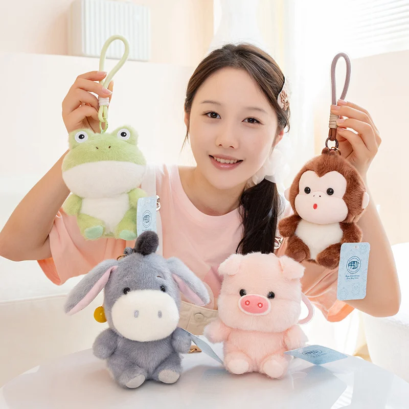 14cm Sounding Cartoon Animal Plush Pendant Stuffed Frog Monkey Donkey Pig Keyring Key Chain Decor Plushie for Bag Gift