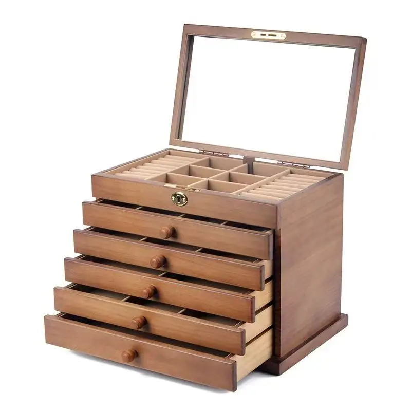 Hot selling luxury vintage wooden jewelry storage box, 4-layer solid wood storage box, square patterned gift