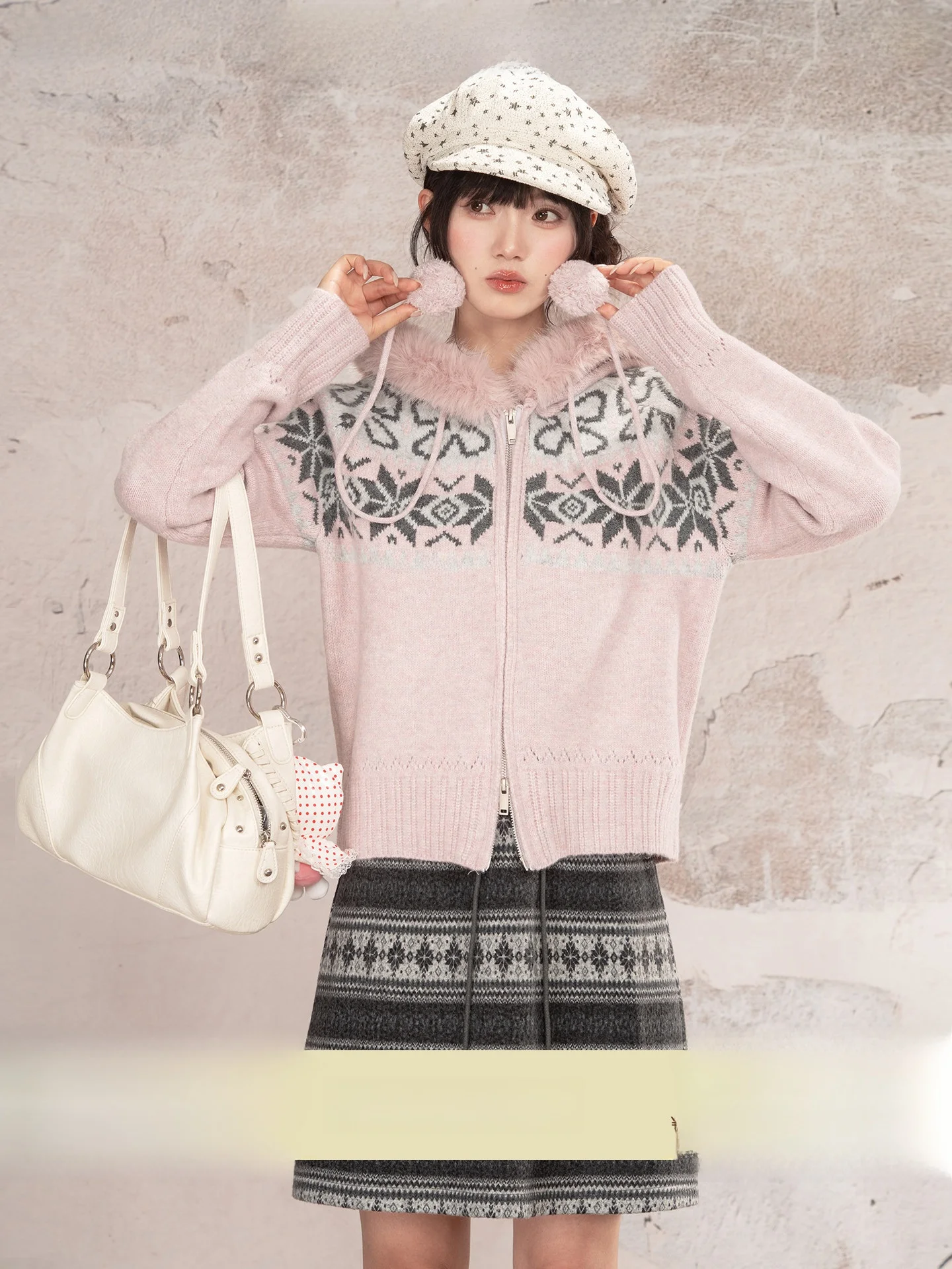 

Loveheynew Fair Isle Pattern Knitted Coat with Fur Collar And Zipper Loose Fit Women's Winter Casual Long Sve Top