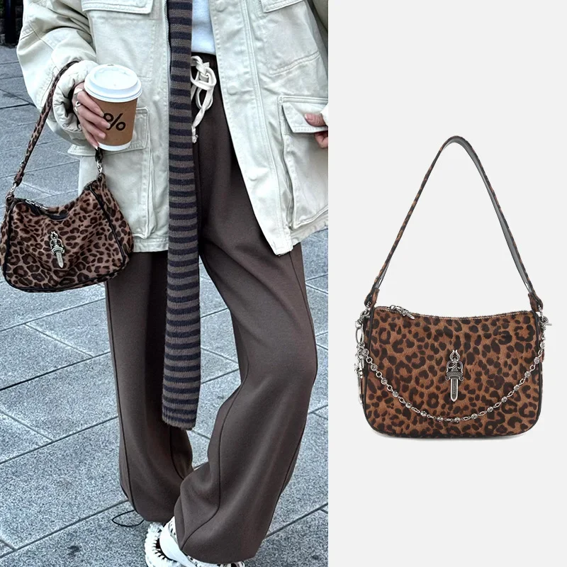 2024 new Kroos leopard print bag, cowhide crossbody, frosted cross, underarm chicken block chain bag, single shoulder bag, trend