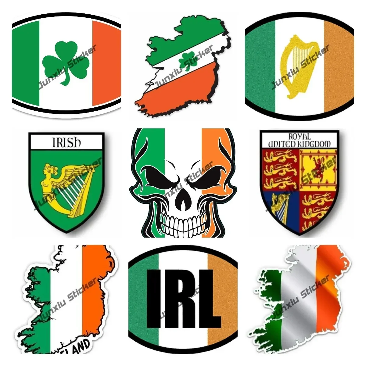 White Ireland Sticker Country Decals Green White and Orange Irish Flag Skull Decal Vinyl Oval IRE Sticker for Cars Truck Laptop