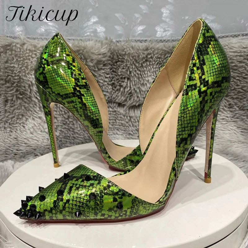 

Tikicup Green Snakeskin Pattern Women Pointy Toe D'Orsay High Heel Shoes with Spikes 8cm 10cm 12cm Sexy Studs Stiletto Pumps