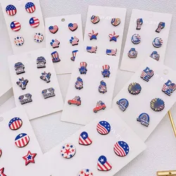 New Independence Day Stud Earrings American Flag Heart Shaped Star Sun Flower Wooden Earrings Set of 3 Pair One Card Jewelry