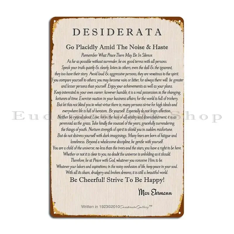 Desiderata poema sobre fondo de lino cartel de Metal cartel personalizado cine divertido garaje Pub Mural cartel de estaño