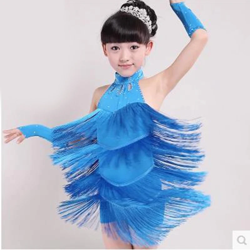 

Solid Tassel Dance Dress For Girls Latin Salsa Dance Wear Party Costume Stage Performance Outfit For 4-11 Years