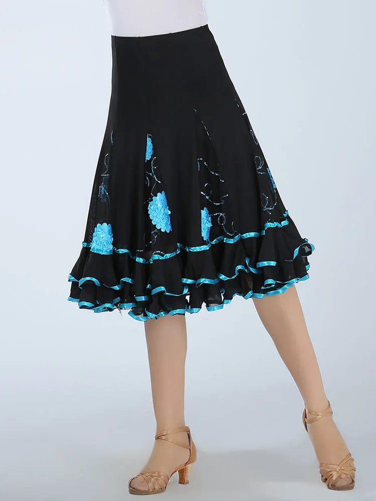 Women Dance Skirt Red Flower Ballroom Flamenco Standard Dress Black Waltz Party Smooth Swing Modern Dance Skirts