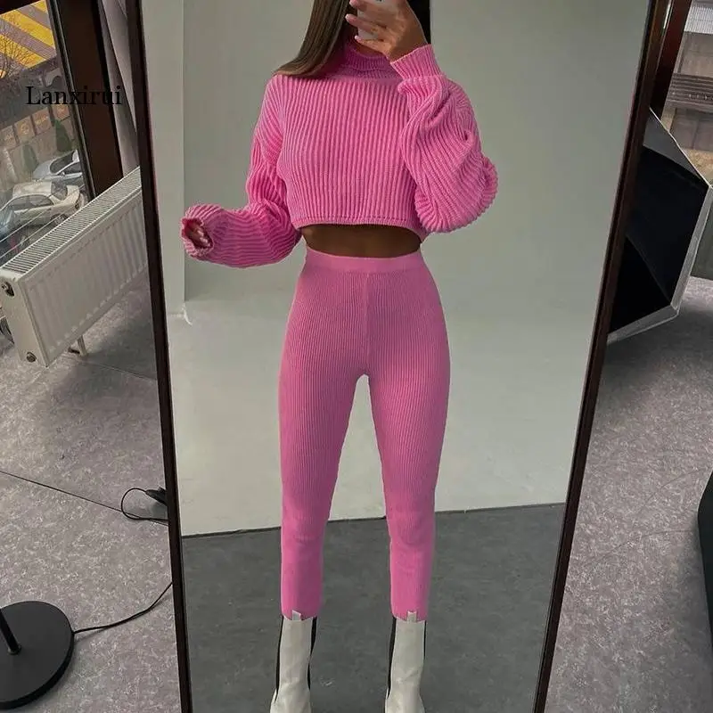 

Woman Two Pieces Set Autumn Winter Knitted Pants Suit Casual Long Sleeve Turtleneck Sweater Skinny Pants Tracksuit