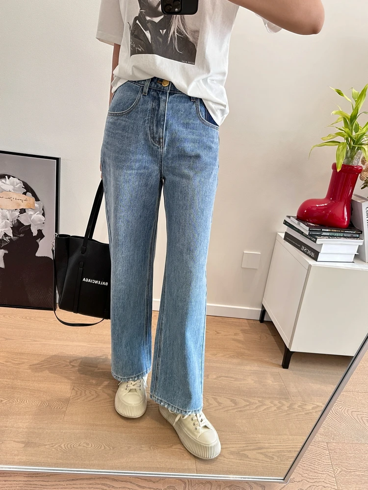 

Женские джинсы YN Color Block свободного прямого кроя, светло-голубые, винтажные, с широкими штанинами, из денима