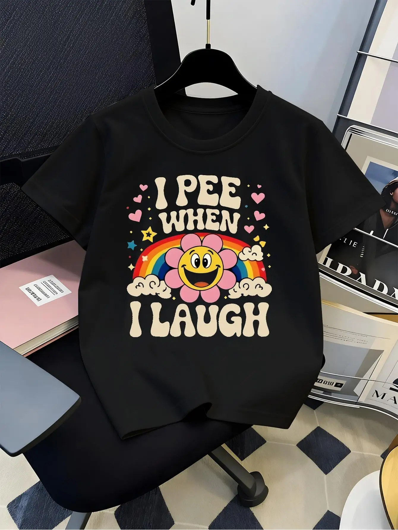 I Pee When I Laugh Rainbow Flower Cartoon Graphic T Shirt For Boys Girls Family Matching Short Sleeve Tee Parent Kids Summer Top