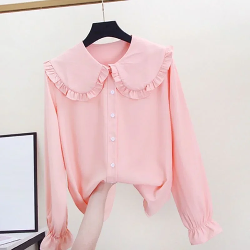 2022 Spring Autumn Baby Toddler Teenager Girls Ruffles Blouse Long Sleeve School Girl Shirt Solid Color Kids Tops 6 8 10 12 Year