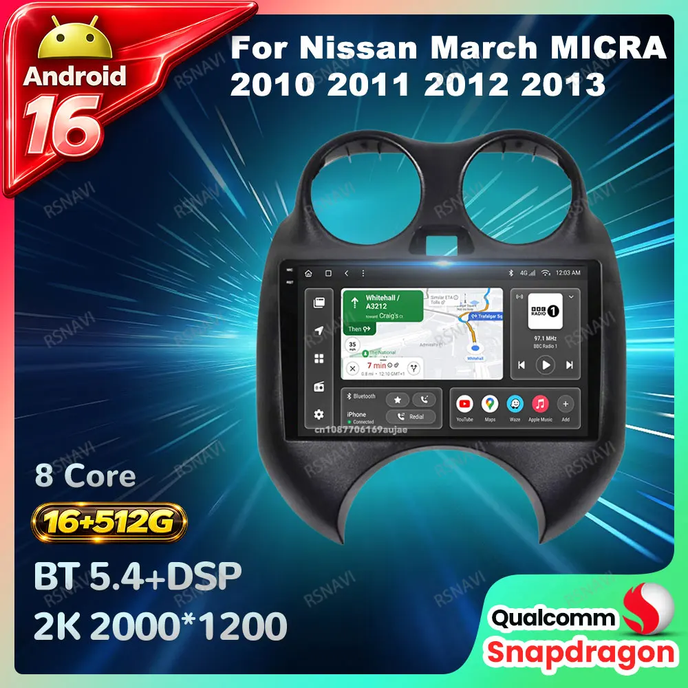 Radio para Auto Android 16 para Nissan March MICRA 2010 2011 2012 2013 Reproductor de DVD con Navegación GPS, Carplay Inalámbrico y Auto Radio